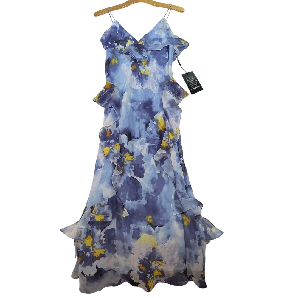 White House Black Market Maxi Dress Women's XS Blue Floral Ruffle‎ Top
